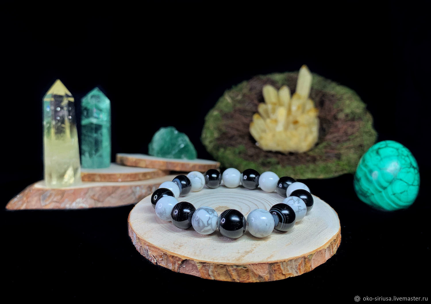 Bracelet made from natural Black agate and Cacholong, Bead bracelet, Moscow,  Фото №1