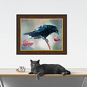 Картины и панно handmade. Livemaster - original item A picture of a Raven on a rowan tree! oil, 30*40 cm. Handmade.