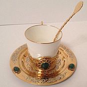 Посуда handmade. Livemaster - original item Coffee set with malachite. Gold plated. An expensive handmade gift. Handmade.