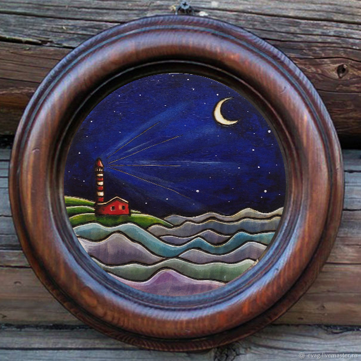 The circle painting on wood 20sm "Night lighthouse", Panels, Moscow,  Фото №1