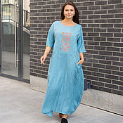 Одежда handmade. Livemaster - original item Linen floor-length blue dress with embroidery. Handmade.