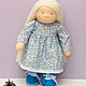 blue dress with blue lace on felt shoes doll with long hair

