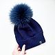 hat. Accessories for women. Knitted Cap with Fur pompom, Caps, Shatura,  Фото №1