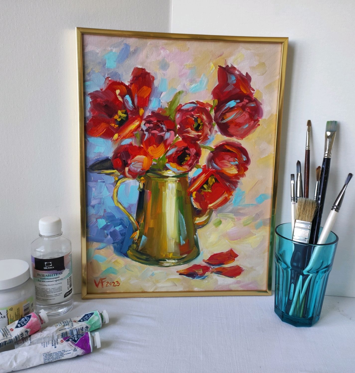 Картина масляными красками, холст на картоне, красные тюльпаны в ...