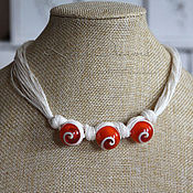 Украшения handmade. Livemaster - original item linen seashell necklace, summer necklace, white, orange-white short. Handmade.