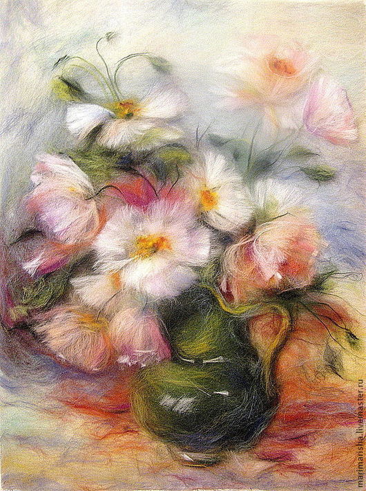 Картины цветов ручной работы. Ярмарка Мастеров - ручная работа. Купить Картина из шерсти Нежность. Белые и розовые маки. Handmade.