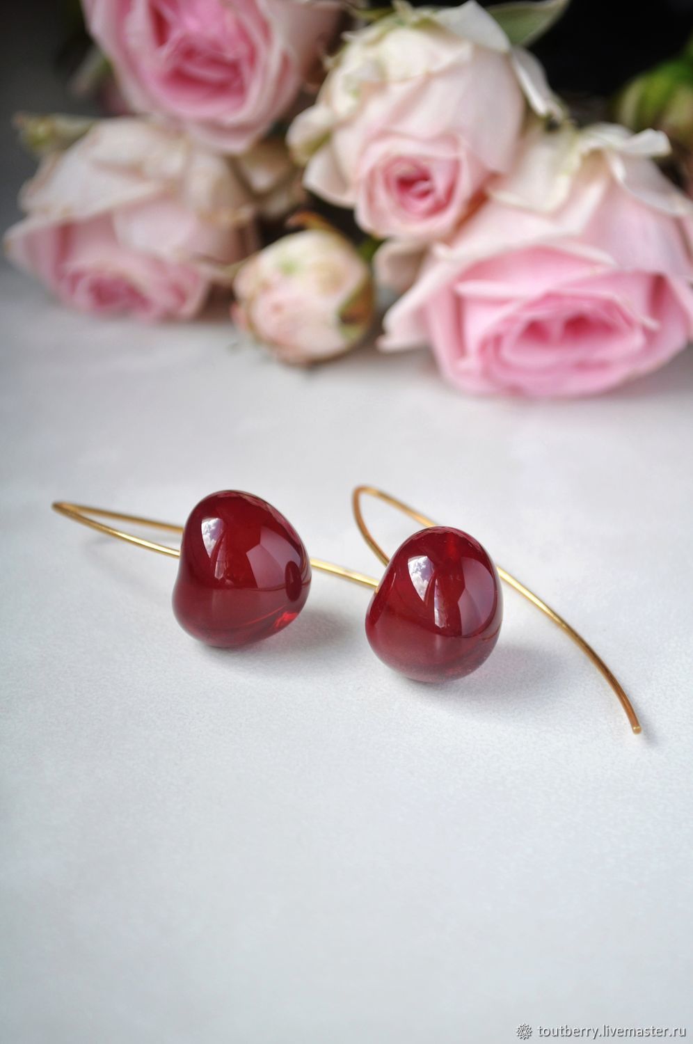 Red cherry-long cherry earrings, Earrings, Moscow,  Фото №1