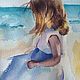 Watercolor painting Girl Sea (yellow turquoise blue-purple). Pictures. Pastelena. My Livemaster. Фото №4