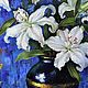 White lilies on a blue background. Two thousand nineteen. oil on canvas. Pictures. Tatiana Chepkasova. My Livemaster. Фото №4