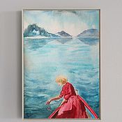 Картины и панно handmade. Livemaster - original item PAINTING OF A GIRL BY THE SEA, A GIRL IN A RED DRESS IN A BOAT. Handmade.